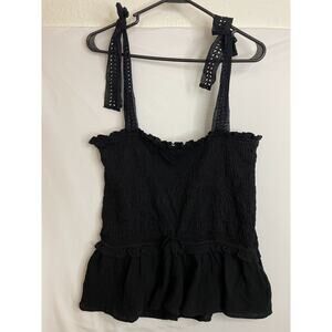Eri + Ali Anthropologie Stephanie Smocked Top in Black Peplum Ruffled Eyelet XL